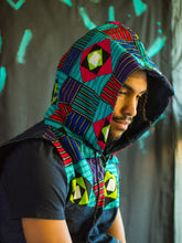 Load image into Gallery viewer, Denim and African print Sleeveless Varsity jacket with hood
