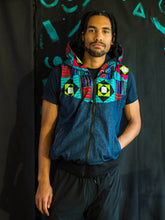 Load image into Gallery viewer, Denim and African print Sleeveless Varsity jacket with hood
