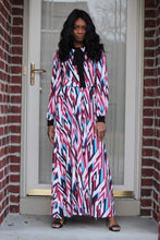 Load image into Gallery viewer, Venechia print long sleeve maxi dress with mock-neck tie in FUCHSIA/BLUE - Bili&#39;s Bougie Boutique
