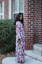 Load image into Gallery viewer, Venechia print long sleeve maxi dress with mock-neck tie in FUCHSIA/BLUE - Bili&#39;s Bougie Boutique
