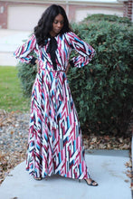 Load image into Gallery viewer, Venechia print long sleeve maxi dress with mock-neck tie in FUCHSIA/BLUE - Bili&#39;s Bougie Boutique
