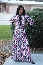 Load image into Gallery viewer, Venechia print long sleeve maxi dress with mock-neck tie in FUCHSIA/BLUE - Bili&#39;s Bougie Boutique
