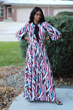 Load image into Gallery viewer, Venechia print long sleeve maxi dress with mock-neck tie in FUCHSIA/BLUE - Bili&#39;s Bougie Boutique
