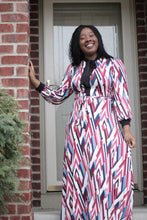 Load image into Gallery viewer, Venechia print long sleeve maxi dress with mock-neck tie in FUCHSIA/BLUE - Bili&#39;s Bougie Boutique
