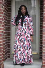 Load image into Gallery viewer, Venechia print long sleeve maxi dress with mock-neck tie in FUCHSIA/BLUE - Bili&#39;s Bougie Boutique
