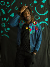 Load image into Gallery viewer, Denim and African print Varsity jacket
