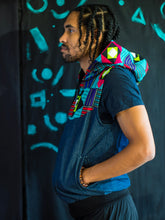 Load image into Gallery viewer, Denim and African print Sleeveless Varsity jacket with hood
