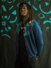 Load image into Gallery viewer, Denim and African print Varsity jacket
