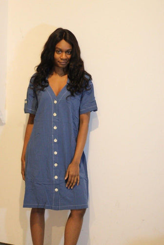 V-Neck Button Down  Short Sleeve Shift Dress in Blue/Denim - Bili's Bougie Boutique