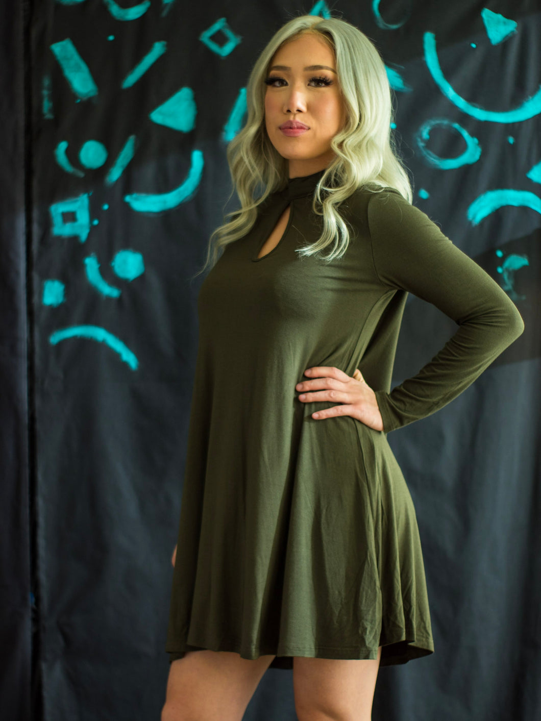 Front Keyhole Accented Long Sleeve Dress in olive